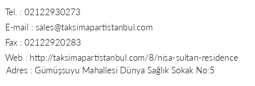 Nisa Sultan Taksim Residence telefon numaralar, faks, e-mail, posta adresi ve iletiim bilgileri
